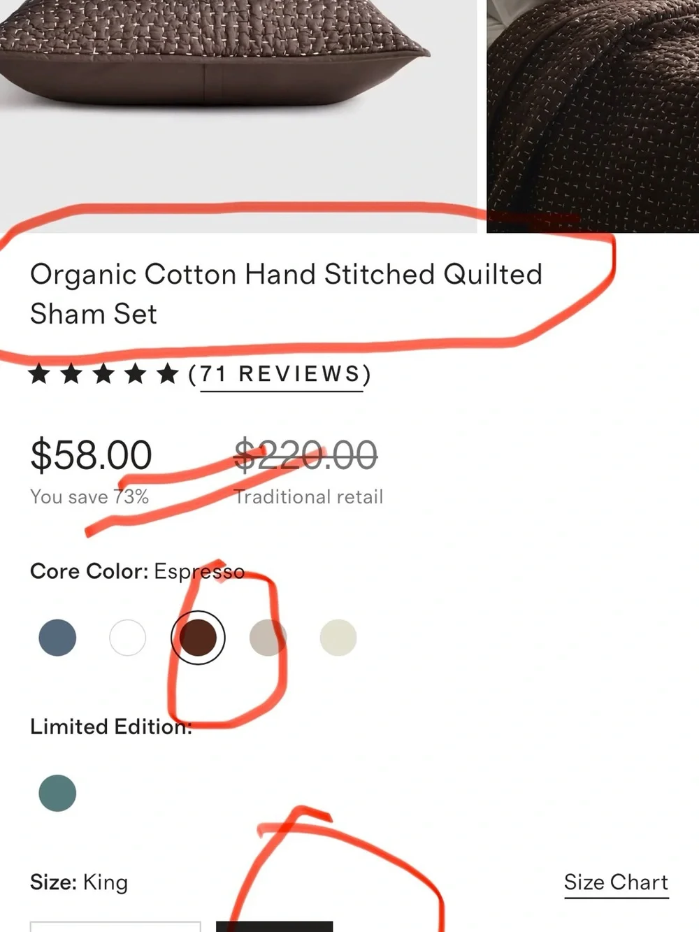 TWO piece NWT King Organic Cotton Hand Stitched Quilted Sham Set ESPRESSO $58